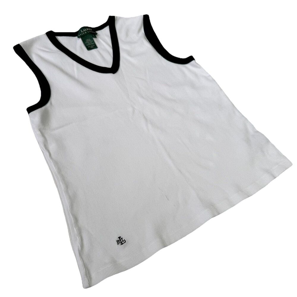 Ralph Lauren Shirt Womens Large V Neck Ribbed Tank Top White Navy Blue Trim Knit